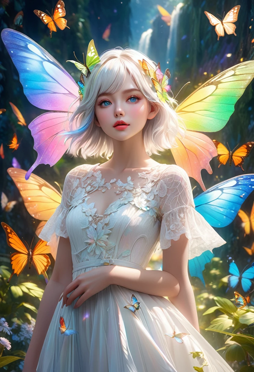 Fantasy Ultra-high-resolution realistic photography.A portrait photograph of a girl painted in fantastical pale colors.(Pale, dreamy colors:1.5),The girl has beautiful short white hair and a green butterfly hair ornament on her head.With clear features, beautiful eyes and lips,Wonderful beautiful skin texture,My chest is a little big,Standing alone in a fantastical space wearing a gorgeous white lace dress,Shining and fantastic A background with lots of butterflies fluttering about,The girl is surrounded by beautiful butterflies with rainbow-colored holographic wings.Cowboy Shot,Ultra-realistic photography,High quality, (masterpiece, best quality, 4k, 8k:1.5),Ultra detail,Physically based rendering, Super Fine View,ultra-fine painting, dramatic lighting, fantasy worlds, professional photography, award-winning,Photos taken with the best cameras,