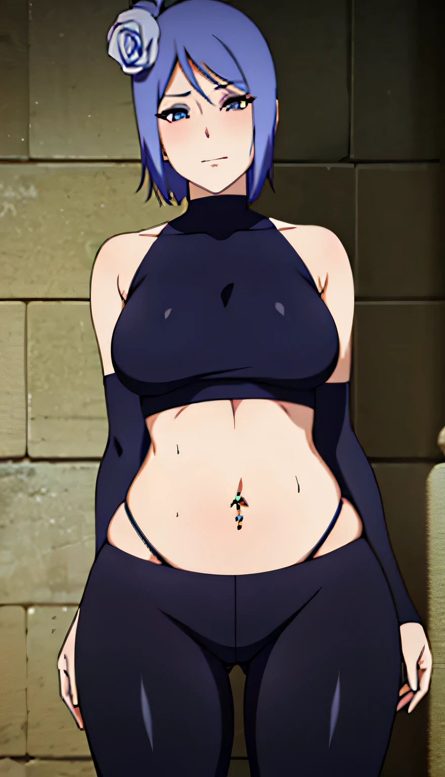 Konan, blue hair, short hair, flower in hair, orange beautiful eyes, beautiful eyes, blush, smiling, shy, black basic simple crop top, exposed shoulders, medium chest, exposed navel, exposed abdomen, shiny, shiny belly, sexy belly, bellybutton piercing, extremely low-rise leggings, black basic seamless leggings, youthful, slim, slender, voluptuous, vivacious, beautiful, gorgeous, attractive, stunning, digital, masterpiece, 2d, high quality, highly detailed, looking at viewer, presenting, wall background, resting on wall, cowboy shot, close view, babe, sexy body, narrow waist, 2d anime, full body, narrow body