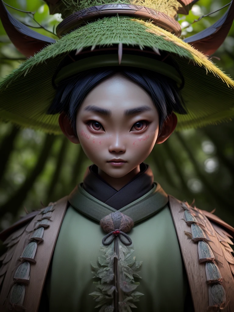 Japanese sward men portrait, wearing Asian hat, in a forest, full body, looking back (hyper detailed eyes, hyper detailed face), 16k, 8k, RAW photo, best quality, masterpiece, high detail RAW color photo, dramatic lighting, cinematic lighting, back light, professional lighting