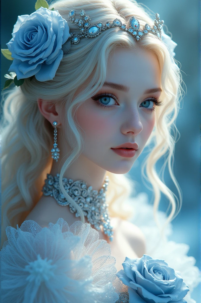 masterpiece, best quality, (Anime:1.4), silver enchantress, white rose fairy, royal, ancient beauty, high-definition, high-end fashion, ambiguous atmosphere, woman, blonde hair, blue rose, luminous, dreamlike, crystals, white, beige, cute, dreamy, chinapunk, romantic, cinematic lighting, chiaroscuro, medium shot, hyperrealism, Hollywood style, detailed expression, rich details, 1950s comic book style, storytelling, contrast, characteristic linework, animated GIFs, hyperbolic photorealism, blue, silver, heistcore, strip painting, detailed depiction, delicate face, costume details, HD 16K resolution