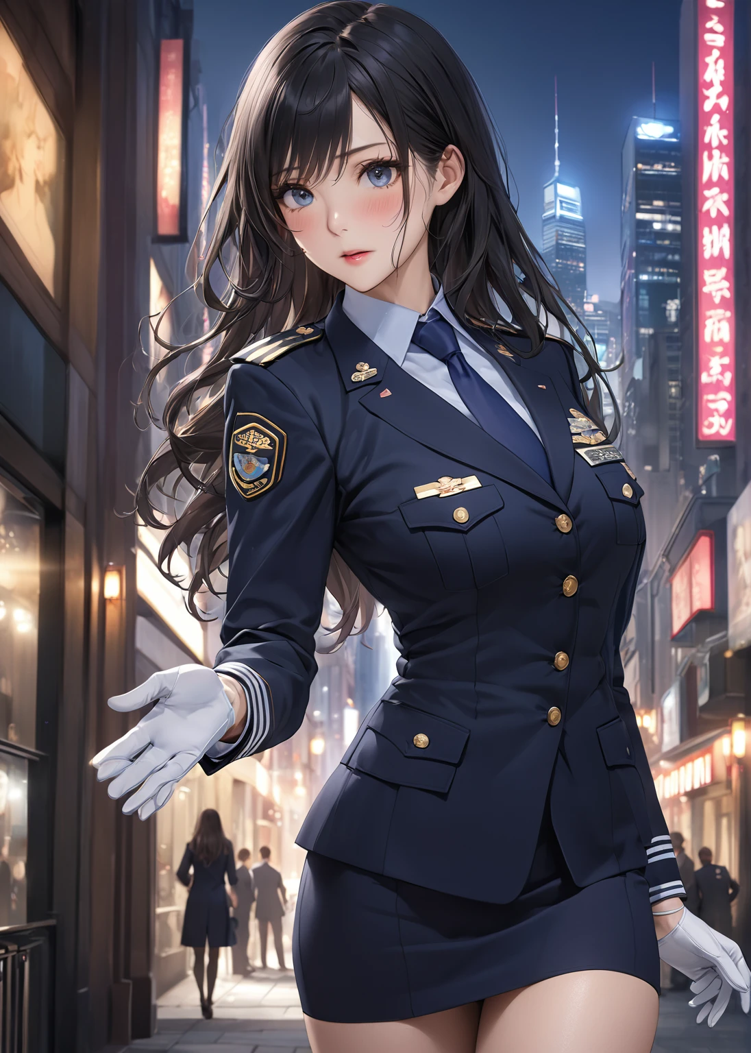 Highest quality、masterpiece、8k、Realistic、超High resolution、Very delicate and beautiful、High resolution、Cinema Lighting、medium range shooting、Perfect female body、Beautiful woman、Mature Woman、Beautiful Eyes、Cityscape、(Long Hair:1.8、Black Hair)、((female officer:1.4、紺色のfemale officer、female officerの制帽、Uniform Buttons、Navy blue tie、Jacket、White gloves))、Pencil Skirt、Stiletto heel pumps、badge、Epaulettes、Are thin、Flat chest、((Butt、Flip up the skirt))、((Showing panties))、blush、Embarrassing、Sweat、Sigh、