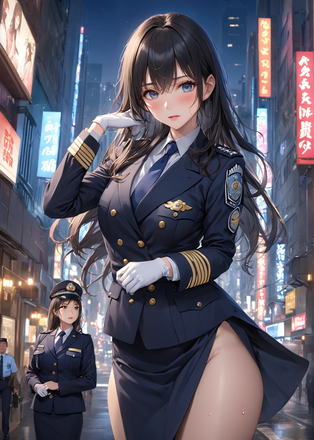 Highest quality、masterpiece、8k、Realistic、超High resolution、Very delicate and beautiful、High resolution、Cinema Lighting、medium range shooting、Perfect female body、Beautiful woman、Mature Woman、Beautiful Eyes、Cityscape、(Long Hair:1.8、Black Hair)、((female officer:1.4、紺色のfemale officer、female officerの制帽、Uniform Buttons、Navy blue tie、Jacket、White gloves))、Pencil Skirt、Stiletto heel pumps、badge、Epaulettes、Are thin、Flat chest、((Butt、Flip up the skirt))、((Showing panties))、blush、Embarrassing、Sweat、Sigh、