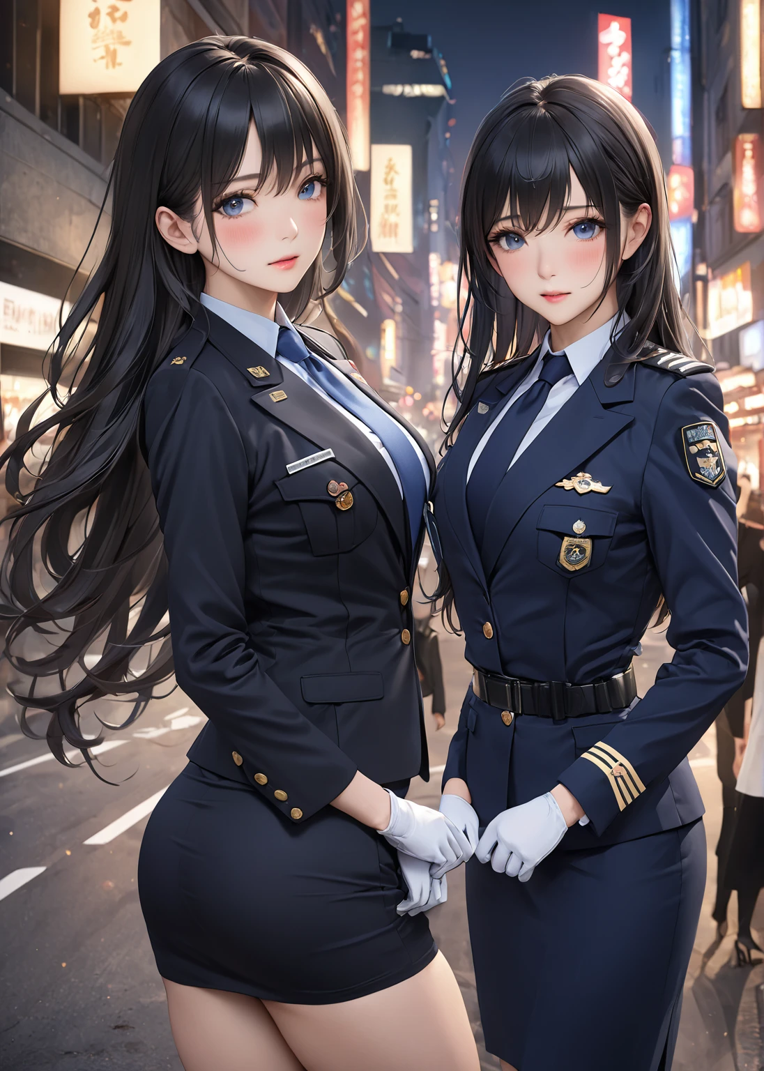 Highest quality、masterpiece、8k、Realistic、超High resolution、Very delicate and beautiful、High resolution、Cinema Lighting、medium range shooting、Perfect female body、Beautiful woman、Mature Woman、Beautiful Eyes、Cityscape、(Long Hair:1.8、Black Hair)、((female officer:1.4、紺色のfemale officer、female officerの制帽、Uniform Buttons、Navy blue tie、Jacket、White gloves))、Pencil Skirt、Stiletto heel pumps、badge、Epaulettes、Are thin、Flat chest、((Butt、Flip up the skirt))、((Showing panties))、blush、Embarrassing、Sweat、Sigh、