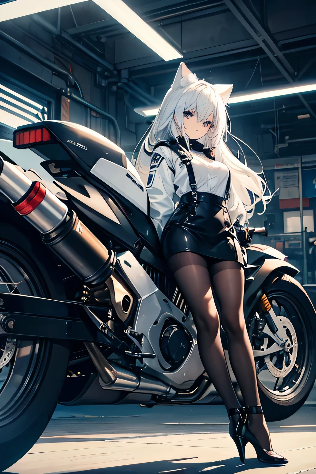 Please draw a stylish black and white illustration. The background is an expanse of inorganic, complex structures, like a factory or industrial area, with intricate metal pipes and beams. A large motorcycle is depicted in the foreground, with its mechanical details especially highlighted in fine detail. The cute girl astride the motorcycle wears a white cat ear hood, has long silver hair, blue eyes, a shirt and tights, and high heels. Her expression is cool, and the light in the background reflects off the metal parts of the motorcycle, making it shine. Overall, the work has a hard-boiled atmosphere.