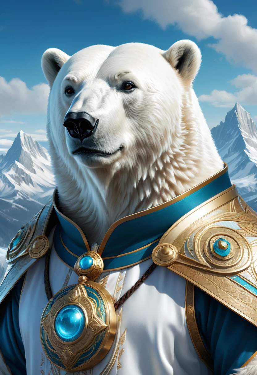 Anthropomorphic Polar Bear Mage. Official Art – An Award-Winning Digital Masterpiece In 4K Ultra HD, Extreme Detail And Intricate Realism. Symmetrical Face. This Concept Art Brought To Life By The Hands Of Artists Like Wlop & Artgerm In A Stunning 2D Vector Illustration.Background Is A Panoramic Vista.
