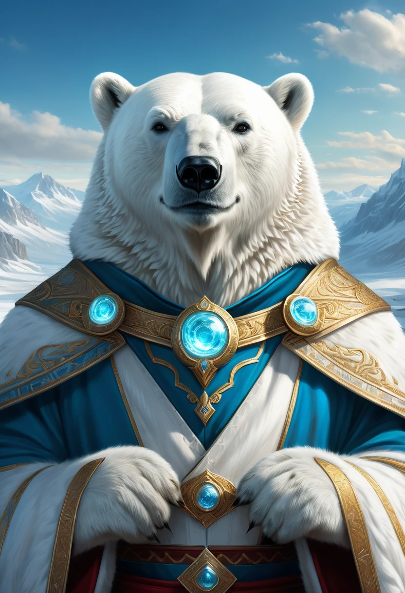 Anthropomorphic Polar Bear Mage. Official Art – An Award-Winning Digital Masterpiece In 4K Ultra HD, Extreme Detail And Intricate Realism. Symmetrical Face. This Concept Art Brought To Life By The Hands Of Artists Like Wlop & Artgerm In A Stunning 2D Vector Illustration.Background Is A Panoramic Vista.
