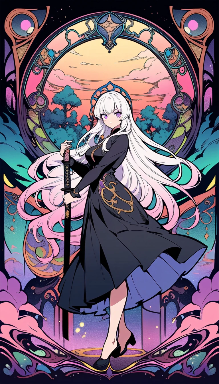 ((best quality)) , ((masterpiece)) , (detailed),anime style illustration of an anime girl with long white hair and purple eyes wearing black school uniform skirt holding katana, in the background there is moonlight sky with neon clouds, colorful light effects, full body shot, epic pose, digital art style,((art nouveau style ， elegant, decorative, curvilinear forms, nature-inspired, ornate, detailed))