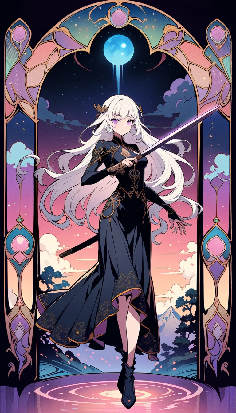 ((best quality)) , ((masterpiece)) , (detailed),anime style illustration of an anime girl with long white hair and purple eyes wearing black school uniform skirt holding katana, in the background there is moonlight sky with neon clouds, colorful light effects, full body shot, epic pose, digital art style,((art nouveau style , elegant, decorative, curvilinear forms, nature-inspired, ornate, detailed))