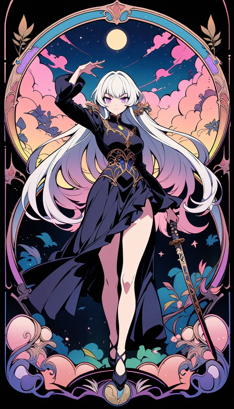 ((best quality)) , ((masterpiece)) , (detailed),anime style illustration of an anime girl with long white hair and purple eyes wearing black school uniform skirt holding katana, in the background there is moonlight sky with neon clouds, colorful light effects, full body shot, epic pose, digital art style,((art nouveau style , elegant, decorative, curvilinear forms, nature-inspired, ornate, detailed))