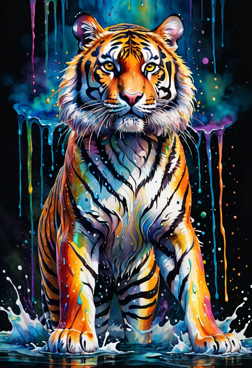 A tiger, Aquarell, Full body, 8k resolution Photorealistic masterpiece, elaborately detailed fluid painting, Acryl: colorful watercolor art, cinematic lighting, maximalist photoillustration, Concept art with 8K resolution and elaborate details, complex, elegant, expansiv, fantastic, psychedelic realism, dripping paint