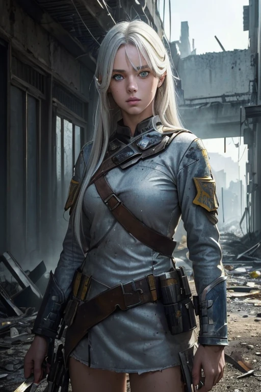 (A masterpiece of the best quality:1.5)0.9, (war and destruction:1.2) (messy silver hair:1.1) (yellow eyes with heterochromia and blue eyes:1.2) (medium hair:1.0) (whole body:1.0) (radiant light:1.1) (large lips:0.9), (apocalyptic war scenarios:1.0), (whole body:1.0), (Dilapidated buildings:0.9)
