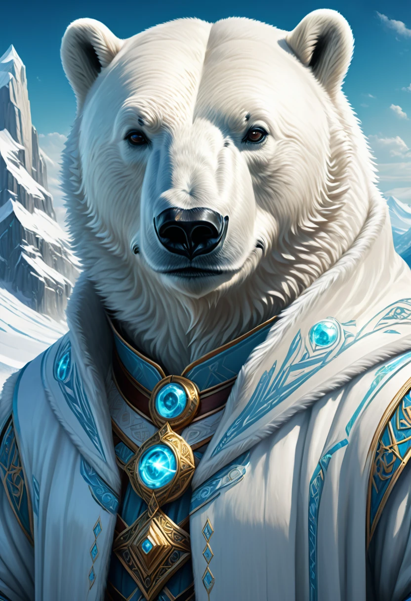 Anthropomorphic Polar Bear Mage. Official Art – An Award-Winning Digital Masterpiece In 4K Ultra HD, Extreme Detail And Intricate Realism. Symmetrical Face. This Concept Art Brought To Life By The Hands Of Artists Like Wlop & Artgerm In A Stunning 2D Vector Illustration.Background Is A Panoramic Vista.
