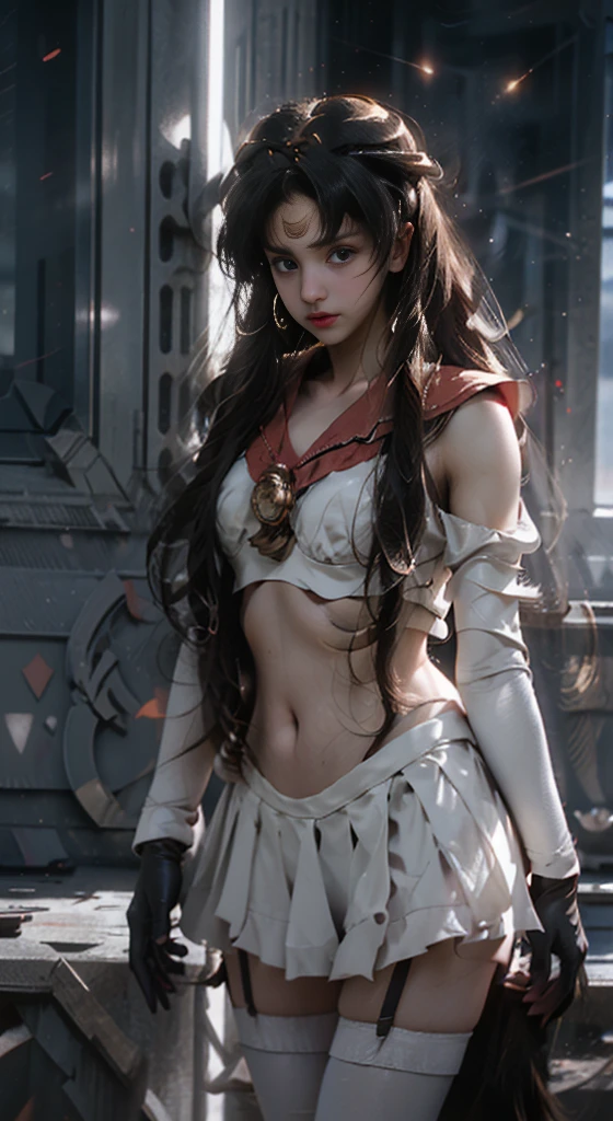 Red sailor chlote full body, white panties, sailor moon Costume, sailor moon outfit, miniskirt, thighs exposed, black stocking,shooting from below, Red lips, ((gloves)), renaissance, javanese, (((Brown long hair))), cleavage, reflection light, chiaroscuro, depth of field, cinematic lighting, ray tracing, Sony FE GM, UHD, super detail, masterpiece, textured skin, high details, best quality, award winning，3D,hdr（HighDynamicRange）,Ray tracing,NVIDIA RTX,Hyper-Resolution,Unreal 5,Subsurface scattering、PBR Texture、post-proces、Anisotropy Filtering、depth of fieldaximum definition and sharpnesany-Layer Textures、Albedo e mapas Speculares、Surface coloring、Accurate simulation octane rendering of light-material interactions、Two-colored light、largeaperture、Low ISO、White balance、the rule of thirds、8K raw data、full body view.
