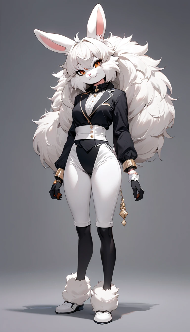 (masterpiece, best quality:1.2), 1 lady, solo, full body, (anthropomorphic Angora Rabbit, furry, kemono), actress and fashion model, arrogant, simple background