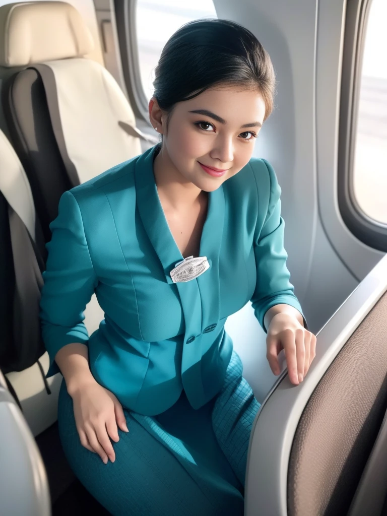 1girl, solo, 19 years old, in the middle of a large airport, seductive pose, thick medium breasts, semi-curvy body, smooth realistic skin, cute little smirk, wearing flight attendant uniform, looking at the audience, (overhead shot:1.3), (zoom-out:1.4), (8k, RAW photo, best quality, masterpiece: 1.4), (realistic, realistic: 1.37), ultra-high resolution, cowboy shot