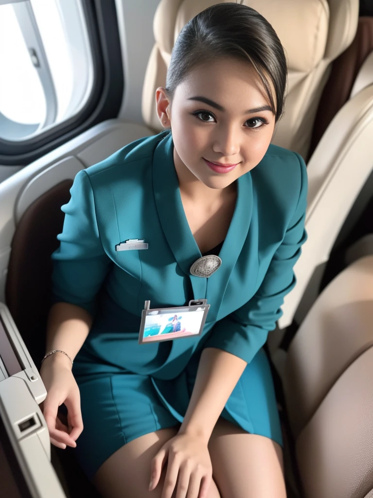 1girl, solo, 19 years old, in the middle of a large airport, seductive pose, thick medium breasts, semi-curvy body, smooth realistic skin, cute little smirk, wearing flight attendant uniform, looking at the audience, (overhead shot:1.3), (zoom-out:1.4), (8k, RAW photo, best quality, masterpiece: 1.4), (realistic, realistic: 1.37), ultra-high resolution, cowboy shot