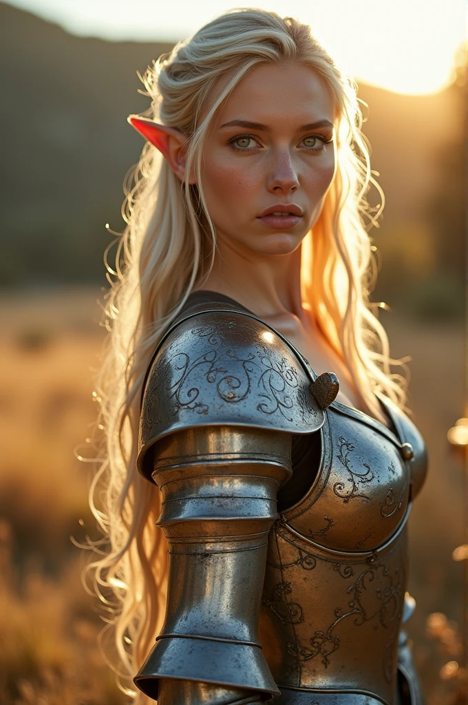 Masterpiece, a beautiful female elf knight (Nata Lee), bright eyes, blond hair, broad shoulders, strong body, high detail pale skin with light freckles, high detail filigree armor,  outside, (skin texture:1.1), best quality, ultra high res, Raw photo, Nikon D850, backlight, rimlight, bright sunlight, film grain:1.2, (warm hue, warm tone:1.2), (color photo), fantasy landscape background