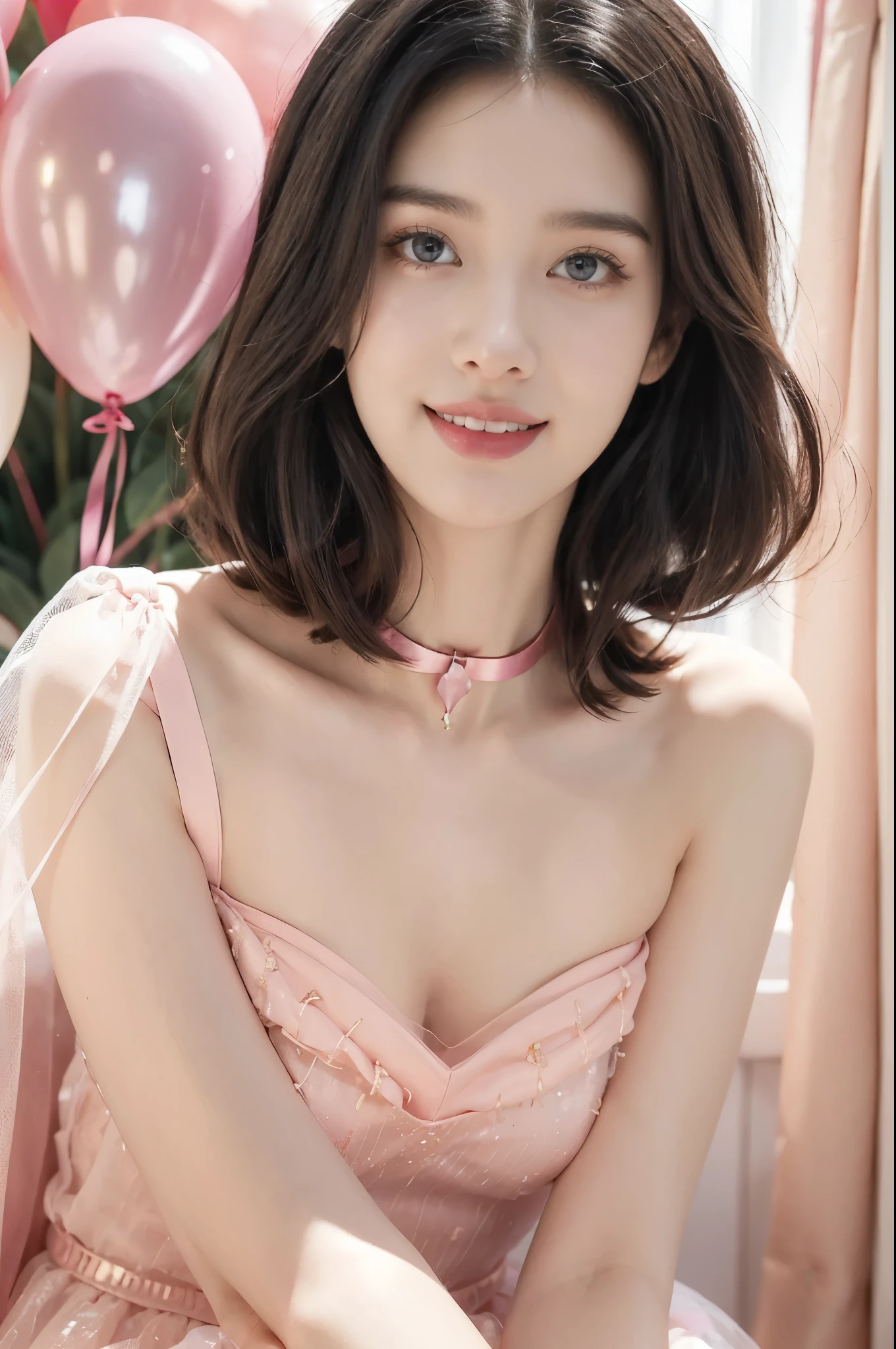 (((best quality))),(((ultra detailed))),(((masterpiece))),illustration,((1girl,solo)),(shoulder-length bob:1.2),(black hair:1.3),((bright eyes,flawless skin)),((slim,thin)),((gigantic ,towering chest)),(dog collar with a bell:1.2),(pink sheer dress:1.3),(slender legs:1.2),sweetheart neckline,innocent yet alluring,(In a pink princess theme bedroom:1.3),(sitting on colorful gift box:1.3),wonderful expression,big bows,festive atmosphere,balloons and streamers,sunlight streaming in,radiant smile,anticipation,joy and excitement,capturing a moment of pure happiness,((from front,upper body))