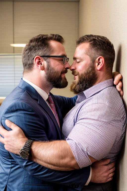 Award-winning original photos，2men, a wild muscular man and a tall chubby man, (40 years old daddy:1.1), beards, burly, hunk, (office suits), one man wearing glasses, kissing passionately while leaning to a wall, detailed, lovely, faces closeup, upper body shot, from the side