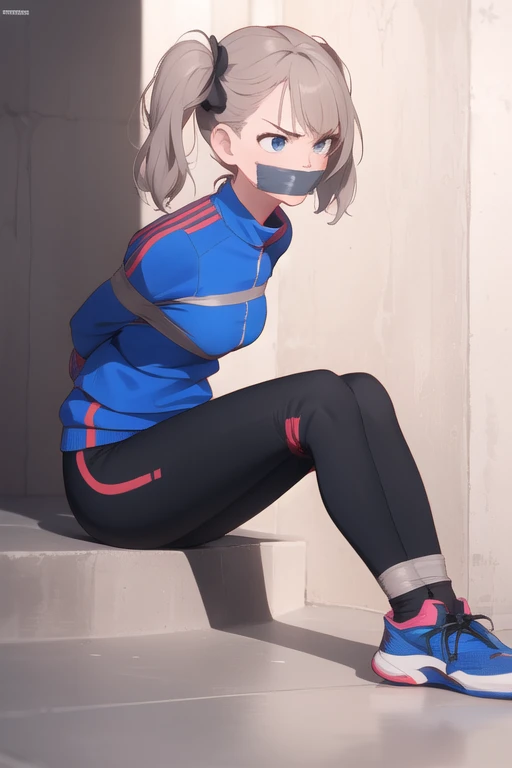 ((1 girl)), ((twin tails)), (sexy),  ((simple_background)), ((concrete floor, concrete wall)), ((underground room)), ((arms behind back)), ((scowl)), ((sitting on the knees)), ((tape gag)), ((tied legs)), ((tied ankle)), ((helpless)), ((calm)), ((struggling)), (blue tracksuit,tracksuit,tights pants, long black pants)