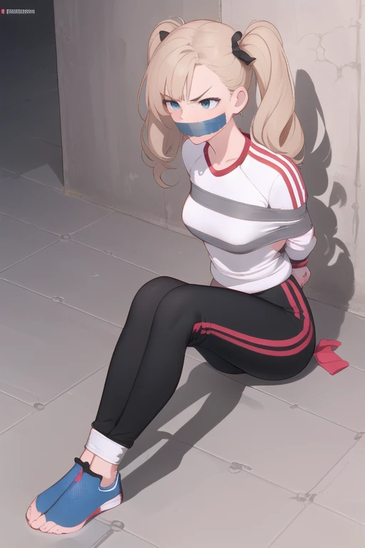 ((1 girl)), ((twin tails)), (sexy), ((simple_background)), ((concrete floor, concrete wall)), ((underground room)), ((arms behind back)), ((scowl)), ((sitting on the knees)), ((tape gag)), ((tied legs)), ((tied ankle)), ((helpless)), ((calm)), ((struggling)), (blue tracksuit,tracksuit,tights pants, long black pants)