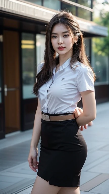 Pretty thai woman standing in wonder Turn to the side , Turn your body to the side , (8k, best quality, masterpiece, ultra highres:1.2) Photo of Pretty thai woman beautiful, beautiful enchanting fashion contemporary painting with , (1girl), (white shirt short sleeves), ((black pencil skirt)), belt , , blonde hair, , realistic skin texture , round chin, 85 mm art lens, f 1. 2, sharp focus, 8 k high definition, insanely detailed, intricate, elegant, large breasts, big breasts , black skirt , twin tails hair