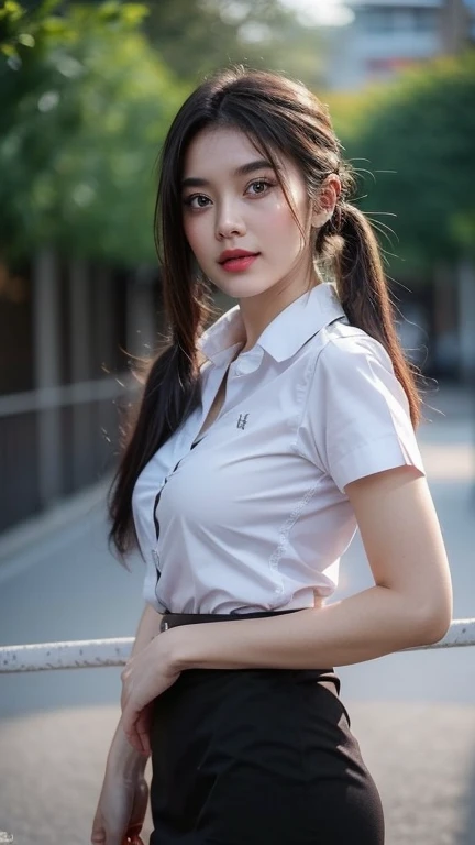 Pretty thai woman standing in wonder Turn to the side , Turn your body to the side , (8k, best quality, masterpiece, ultra highres:1.2) Photo of Pretty thai woman beautiful, beautiful enchanting fashion contemporary painting with , (1girl), (white shirt short sleeves), ((black pencil skirt)), belt , , blonde hair, , realistic skin texture , round chin, 85 mm art lens, f 1. 2, sharp focus, 8 k high definition, insanely detailed, intricate, elegant, large breasts, big breasts , black skirt , twin tails hair