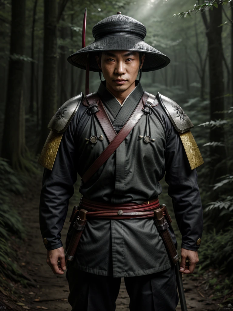 Japanese sward men portrait, wearing Asian hat, holding big black katana on shoulder, in a forest, full body, looking back (hyper detailed eyes, hyper detailed face), 16k, 8k, RAW photo, best quality, masterpiece, high detail RAW color photo, dramatic lighting, cinematic lighting, back light, professional lighting
