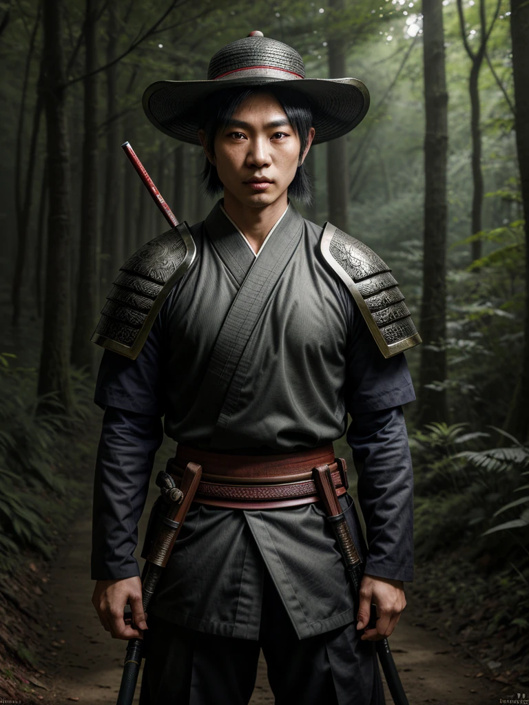 Japanese sward men portrait, wearing Asian hat, holding big black katana on shoulder, in a forest, full body, looking back (hyper detailed eyes, hyper detailed face), 16k, 8k, RAW photo, best quality, masterpiece, high detail RAW color photo, dramatic lighting, cinematic lighting, back light, professional lighting