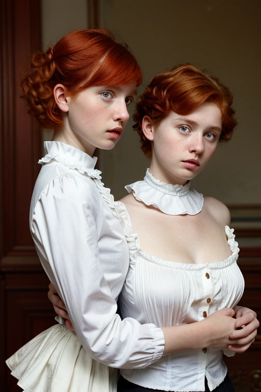 2girls, Europeans, redhead boy’s haircut, massive breast, victorian blouse, White ruffle collar , thin waist 