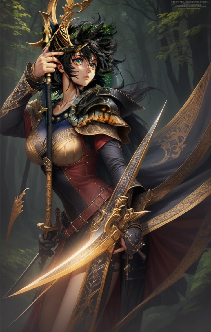 a person holding a sword and sword, anime detailed digital art, knights of the zodiac girl portrait, animework detailed art, anime detailed key art, 2. 5d cgi anime fantasy art, anime character detailed art , detailed anime art, intricate ornate anime CGI style, highly detailed official art, anime costume art, featuring a black archer outfit with gold accents, looking towards the horizon amidst the forest