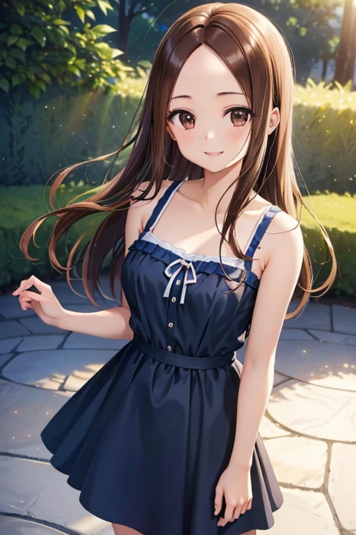 Takagi-san、Shiny brown hair, Long Hair,((Medium chest、Forehead、Center part))、 Beautiful brown eyes、smile、Sparkling eyes, (fine grain)、Very fine eye、Very detailedな顔, Very detailedな目, Cowboy Shot、

(high quality, High resolution, Very detailed, reality:1.37), Peaceful atmosphere, (Outdoor, garden), Teenage girl standing alone, (my breasts are big.), Beautiful details, かわいいsmile,  Blue sleeveless dress, Sandals.