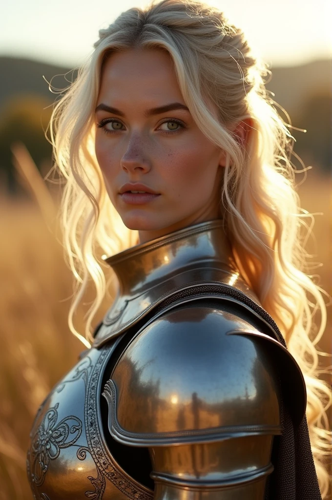 Masterpiece, a beautiful female knight (Nata Lee), bright eyes, blond hair, broad shoulders, strong body, high detail pale skin with light freckles, high detail filigree armor, outside, (skin texture:1.1), best quality, ultra high res, Raw photo, Nikon D850, backlight, rimlight, bright sunlight, film grain:1.2, (warm hue, warm tone:1.2), (color photo), fantasy landscape background