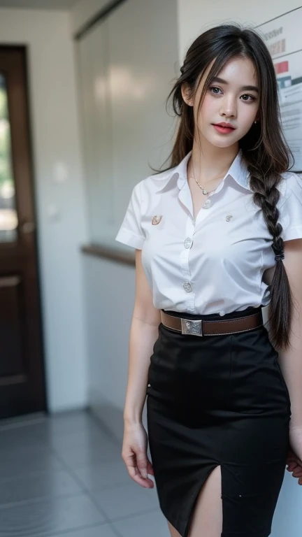 Pretty thai woman standing in wonder Turn to the side , Turn your body to the side , (8k, best quality, masterpiece, ultra highres:1.2) Photo of Pretty thai woman beautiful, beautiful enchanting fashion contemporary painting with , (1girl), (white shirt short sleeves), ((black pencil skirt)), belt , , blonde hair, , realistic skin texture , round chin, 85 mm art lens, f 1. 2, sharp focus, 8 k high definition, insanely detailed, intricate, elegant, large breasts, big breasts , black skirt , twin tails hair