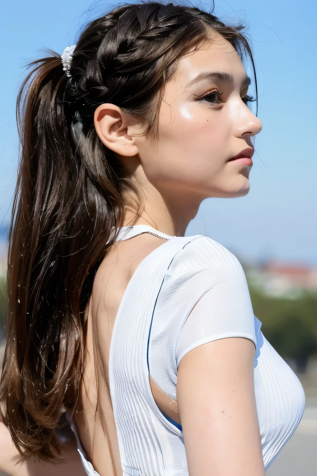 ((Highest quality, 8k, masterpiece: 1.3)), sharp: 1.2, Perfect Body Beauty: 1.6, ((Layered Hairstyles, Small breasts: 1.5)), (blue sky: 2.0), (White tight dress: 2.0, A dress that covers the chest: 2.0), ((long hair: 2.0)), ((necklace)), Earrings, ring, Bracelet, Hair Accessories, ((Beautiful young teenager woman)), ((Straight nose)), (Eyeliner), Armpit Hair, Bristles, ((White and beautiful skin)), Wavy Hair, Beautiful attention to detail, Super detailed, Highly detailed face and skin texture, fine grain, double eyelid, Black Hair, Big Ass, Lower Body, Thighs, (((Skinny))), Wet and shiny lips, (smile: 0.5), Get a grip on your body, ((Anatomically correct human body)), ((Crisp body shape)), Ribs, clavicle, Protruding skeleton, A face without nasolabial folds, Shyness, Thin eyebrows, Big eyes, (shoot from side: 1.0), (Narrow shoulders: 2.0), (Serious face: 1.0), Corset-like dress, White skin, Closed Mouth