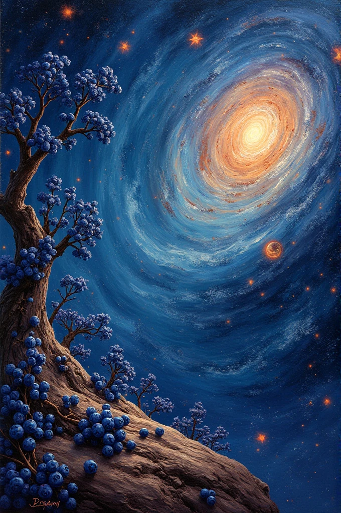painterly masterpiece, cosmic elegance, vibrant blueberries amidst galaxies, copper accents and detailing, woodgrain and marble textures melding with silk and velvet, celestial light filtering through cosmic dust and copper reflections, Vincent van Gogh's swirling starry skies, luminous planets and copper-infused stars, deep space intrigue with interstellar copper glow, tactile contrast of smooth silk, luxurious velvet, organic woodgrain, and metallic copper sheen, marble sophistication with copper veins, surreal atmosphere with rich cosmic blues, nebula purples, starlight copper highlights, enhanced shadow depth