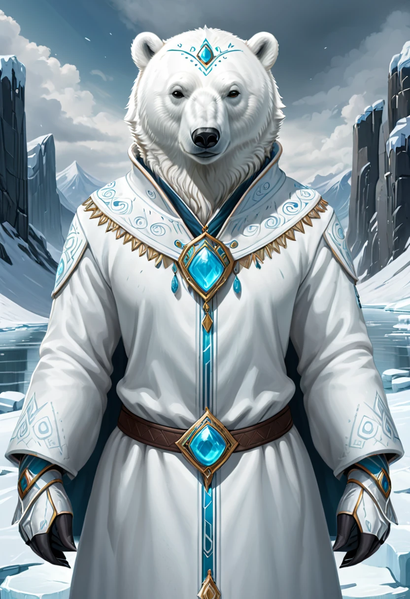 Anthropomorphic Polar Bear Mage. Official Art – An Award-Winning Digital Masterpiece In 4K Ultra HD, Extreme Detail And Intricate Realism. Symmetrical Face. This Concept Art Brought To Life By The Hands Of Artists Like Wlop & Artgerm In A Stunning 2D Vector Illustration.Background Is A Panoramic Vista.

