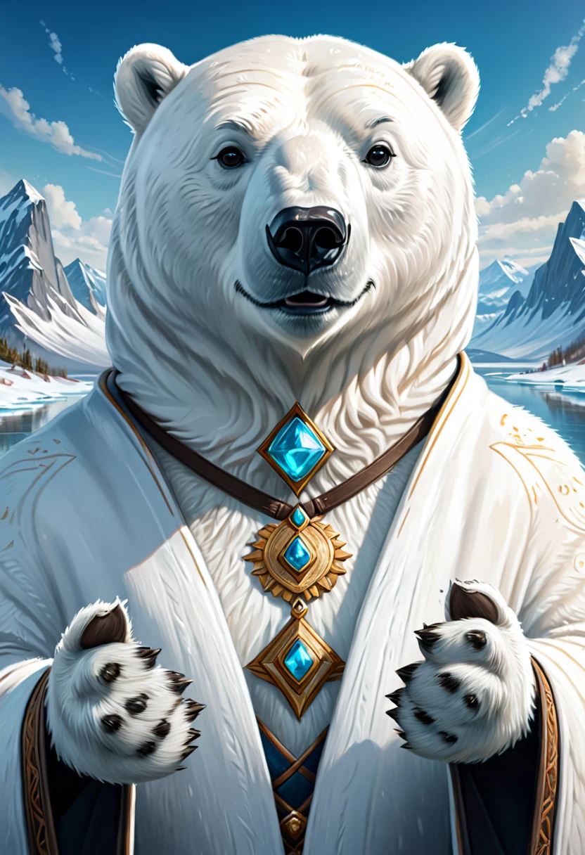 Anthropomorphic Polar Bear Mage. Official Art – An Award-Winning Digital Masterpiece In 4K Ultra HD, Extreme Detail And Intricate Realism. Symmetrical Face. This Concept Art Brought To Life By The Hands Of Artists Like Wlop & Artgerm In A Stunning 2D Vector Illustration.Background Is A Panoramic Vista.
