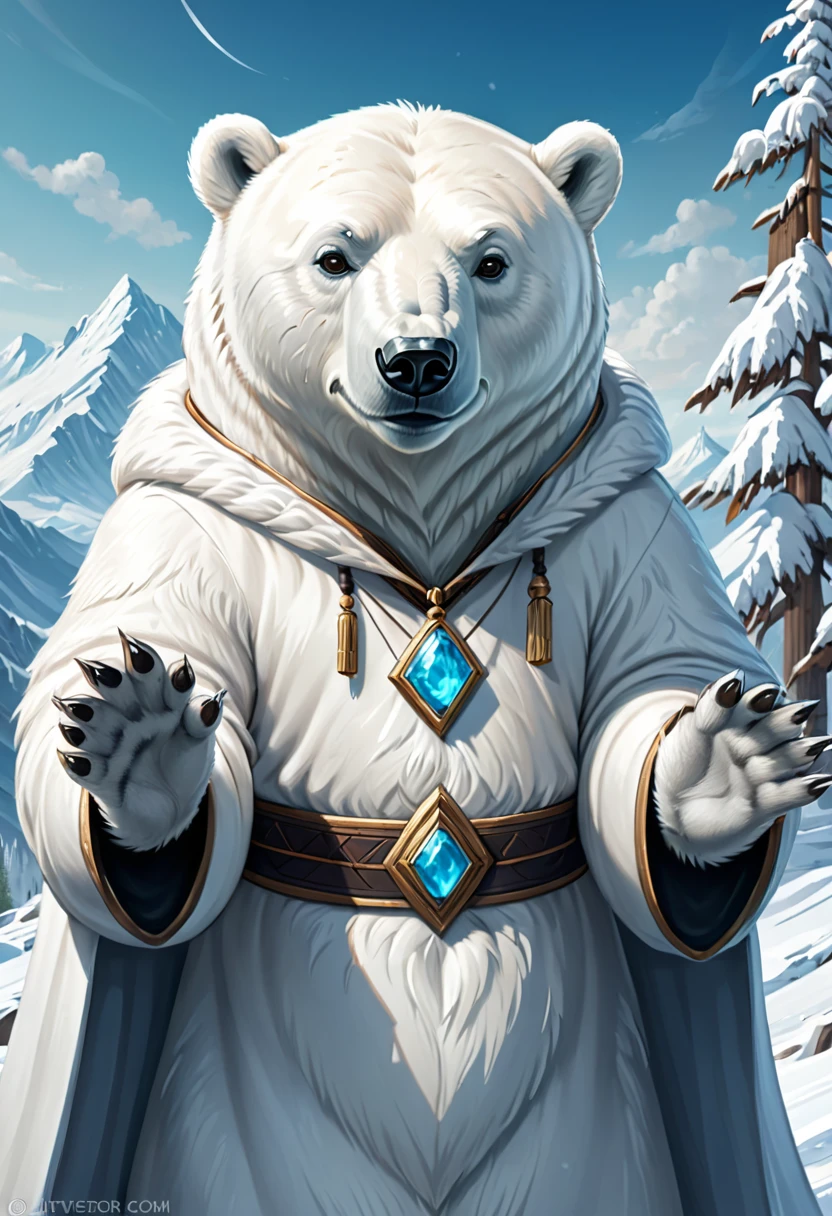 Anthropomorphic Polar Bear Mage. Official Art – An Award-Winning Digital Masterpiece In 4K Ultra HD, Extreme Detail And Intricate Realism. Symmetrical Face. This Concept Art Brought To Life By The Hands Of Artists Like Wlop & Artgerm In A Stunning 2D Vector Illustration.Background Is A Panoramic Vista.
