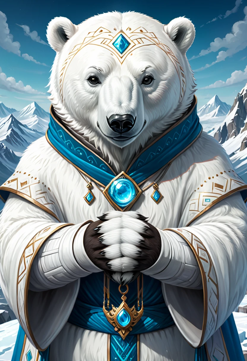 Anthropomorphic Polar Bear Mage. Official Art – An Award-Winning Digital Masterpiece In 4K Ultra HD, Extreme Detail And Intricate Realism. Symmetrical Face. This Concept Art Brought To Life By The Hands Of Artists Like Wlop & Artgerm In A Stunning 2D Vector Illustration.Background Is A Panoramic Vista.