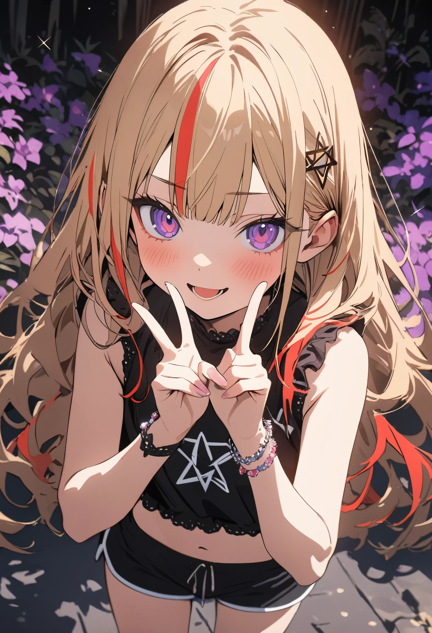 ((Masterpiece)), ((best quality)), (super detail:1.2), (High Definition:1.3), ((extremely detailed)), (8K), (Professional Photography:1.2), (very aesthetic:1.2), (absurdres:1.2), (flat color), (flat shading), (drop shadow), ((12 years old)), cute young Girl, Glossy straight hair, (loose blunt bangs), blonde hair with red, ((red streaked hair)), highlights hair, (glitter eyes), long hair, big eyes, (Beautiful amethyst eyes), blush, ((open mouth)), cute cheeks, (smug), glossy lips, pouty lips, put on rouge, BREAK, ((best quality)), (Cute ruffled bikini), dolphin shorts, (bare arms), Fine gemstone bracelet, (colorful), cute makeup, Light particles, ((making peace sign with right hand)), mysterious and elegant, in the beautiful Fantastic garden, ((inverted pentagram symbol)), decorated, lots of accessories,(detailed background:1.2), (newest),