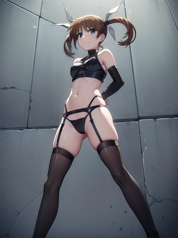 nanohatakamachi, Nanoha Takamachi, takamachi nanoha, Brown Hair, Twin tails, blue eyes,
prison, concrete wall, concrete floor, bare shoulders, femdom, dominatrix, ((black bustier)), ((black stockings)), ((black g-string)), ((black high heels)), ((black garter belt)), ((black elbow gloves)), ((looking at viewer)), ((evil grin)), female standing, (((((from below))))), ((((looking down)))), ass pov,