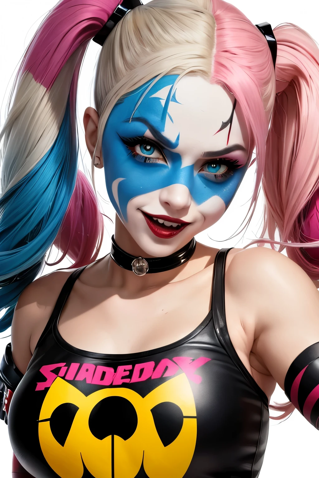 Create an image of Harley Quinn, the iconic character from the DC Universe, with a playful and mischievous expression, reflecting her unpredictable and humorous nature.
Harley’s hair should be styled in her signature pigtails, with one side dyed pink and the other blue. She should wear a classic Harley Quinn outfit, inspired by her appearances in movies and comics. This could include a mix of her “Suicide Squad” look with a baseball tee and shorts, or a more traditional jester outfit with a modern twist. Use bold colors like red, black, and white, with accents of blue and pink. Consider adding her signature accessories, such as her “Puddin” choker, a pair of mismatched gloves and a hammer. Harley should have a playful, mischievous smile or smirk, with wide, expressive eyes. She might be winking or sticking out her tongue to emphasize her cheeky personality.She could be posed in a fun and dynamic way, such as leaning on her hammer, or with one hand on her hip and the other gesturing playfully.The background could be a simple, colorful backdrop that complements her vibrant personality. Consider using a blend of red, blue, and black colors, or a playful pattern like diamonds or confetti.