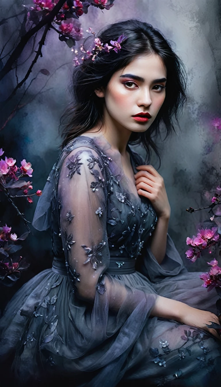 Goth-style watercolor portrait of a girl, perched in muted shadows, surrounded by ethereal blossoms shrouded in mist, chiaroscuro, elusive and mysterious atmosphere, dark palette with splashes of vibrant colors from flowers, texture of wet on wet watercolor technique, delicate interplay of light and dark, ghostly blooms emerging from the fog, digital painting, ultra fine details. Dynamic pose, 8k, high quality, HDR. Art by playposer.