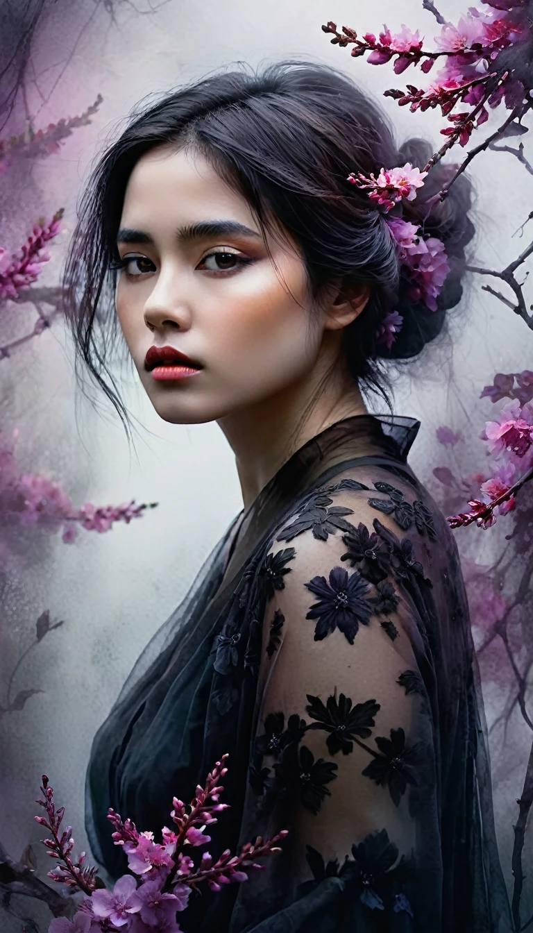 Goth-style watercolor portrait of a girl, perched in muted shadows, surrounded by ethereal blossoms shrouded in mist, chiaroscuro, elusive and mysterious atmosphere, dark palette with splashes of vibrant colors from flowers, texture of wet on wet watercolor technique, delicate interplay of light and dark, ghostly blooms emerging from the fog, digital painting, ultra fine details. Dynamic pose, 8k, high quality, HDR. Art by playposer.