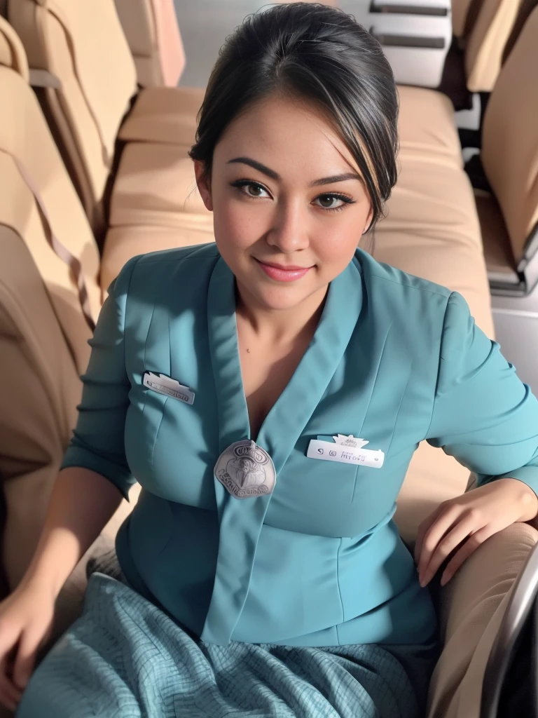 1girl, solo, 19 years old, in the middle of a large airport, seductive pose, thick medium breasts, semi-curvy body, smooth realistic skin, cute little smirk, wearing flight attendant uniform, looking at the audience, (overhead shot:1.3), (zoom-out:1.4), (8k, RAW photo, best quality, masterpiece: 1.4), (realistic, realistic: 1.37), ultra-high resolution, cowboy shot