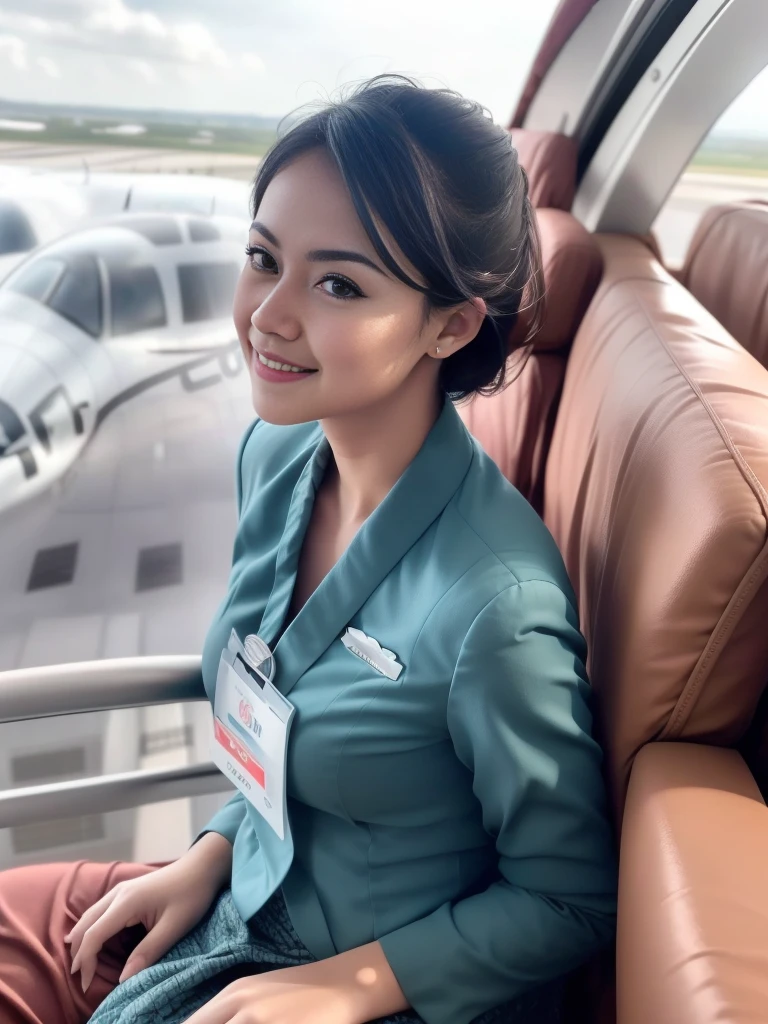 1girl, solo, 19 years old, in the middle of a large airport, seductive pose, thick medium breasts, semi-curvy body, smooth realistic skin, cute little smirk, wearing flight attendant uniform, looking at the audience, (overhead shot:1.3), (zoom-out:1.4), (8k, RAW photo, best quality, masterpiece: 1.4), (realistic, realistic: 1.37), ultra-high resolution, cowboy shot