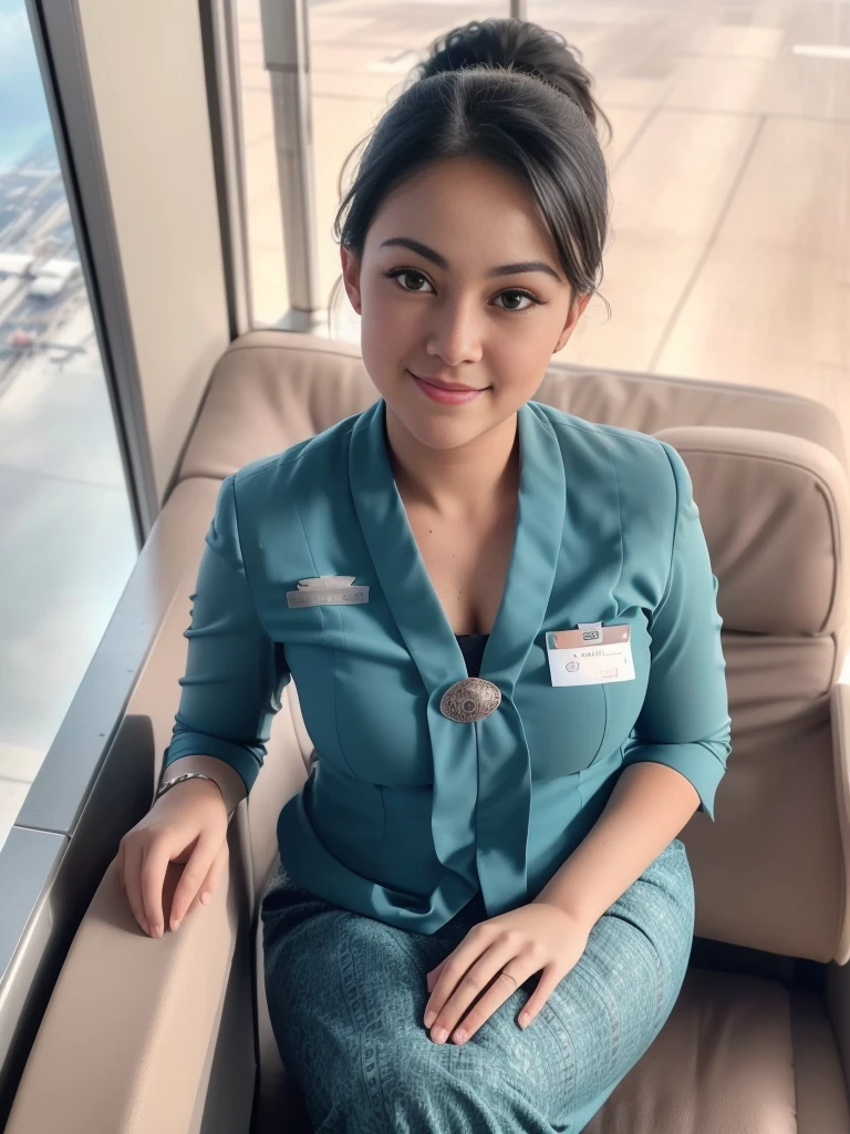 1girl, solo, 19 years old, in the middle of a large airport, seductive pose, thick medium breasts, semi-curvy body, smooth realistic skin, cute little smirk, wearing flight attendant uniform, looking at the audience, (overhead shot:1.3), (zoom-out:1.4), (8k, RAW photo, best quality, masterpiece: 1.4), (realistic, realistic: 1.37), ultra-high resolution, cowboy shot