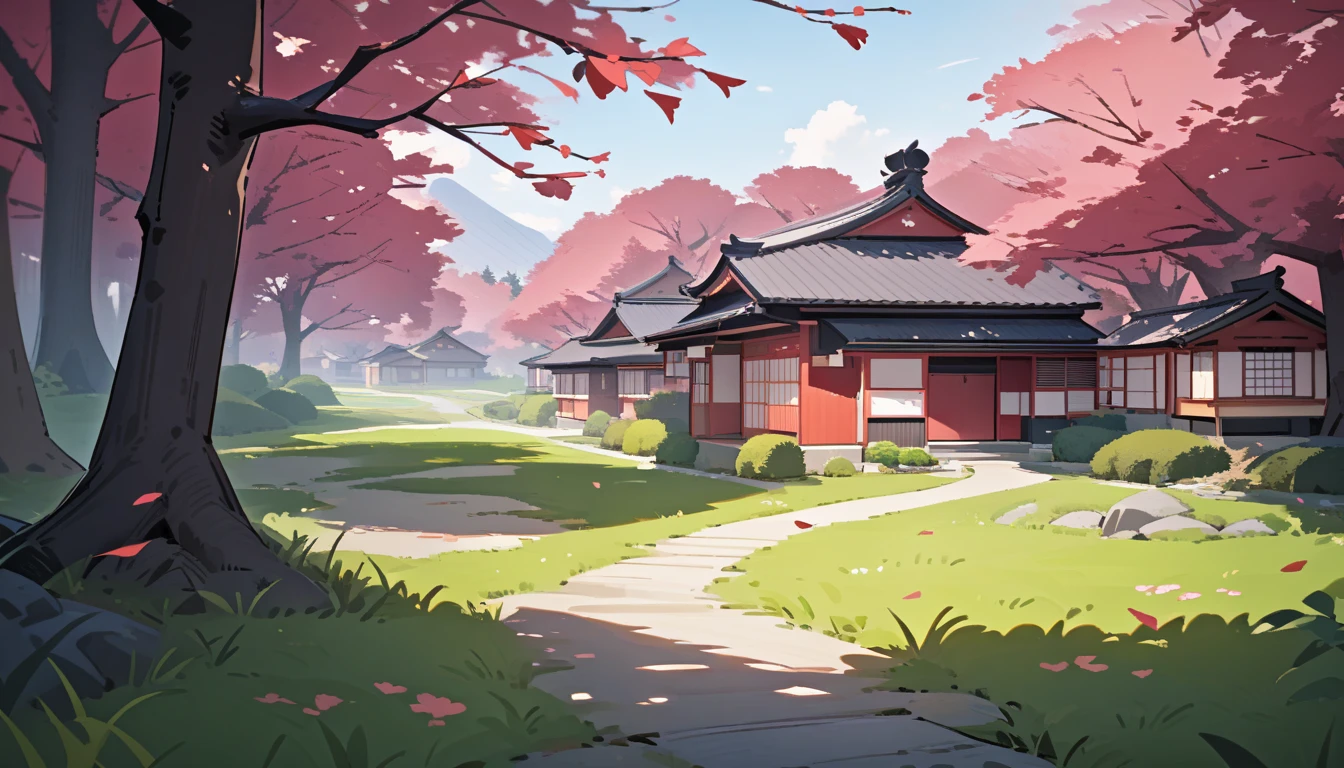 (landscape),empty colorfull Japanese cherry forest,grass,falling leaves,japan houses,(extra detaild),masterpiece,newest,sensitive