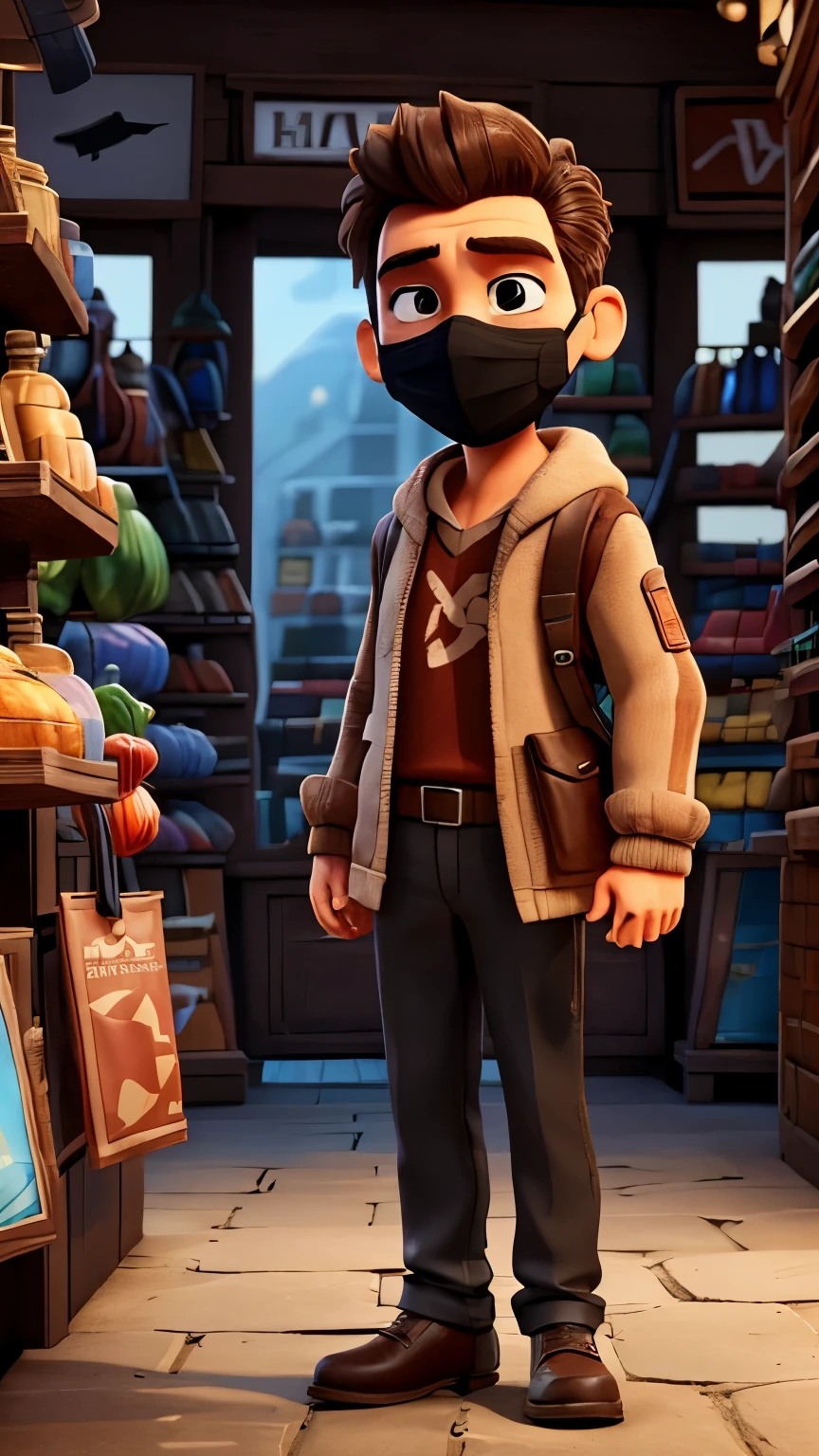 A man enter a shop he is face was cover in mask and his hand for a small tiny pistol